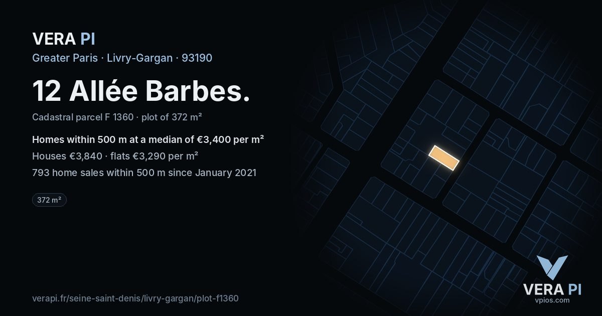 12 Allée Barbes, Livry-Gargan at night – the plot lit, the parcels around coloured by the prices near them