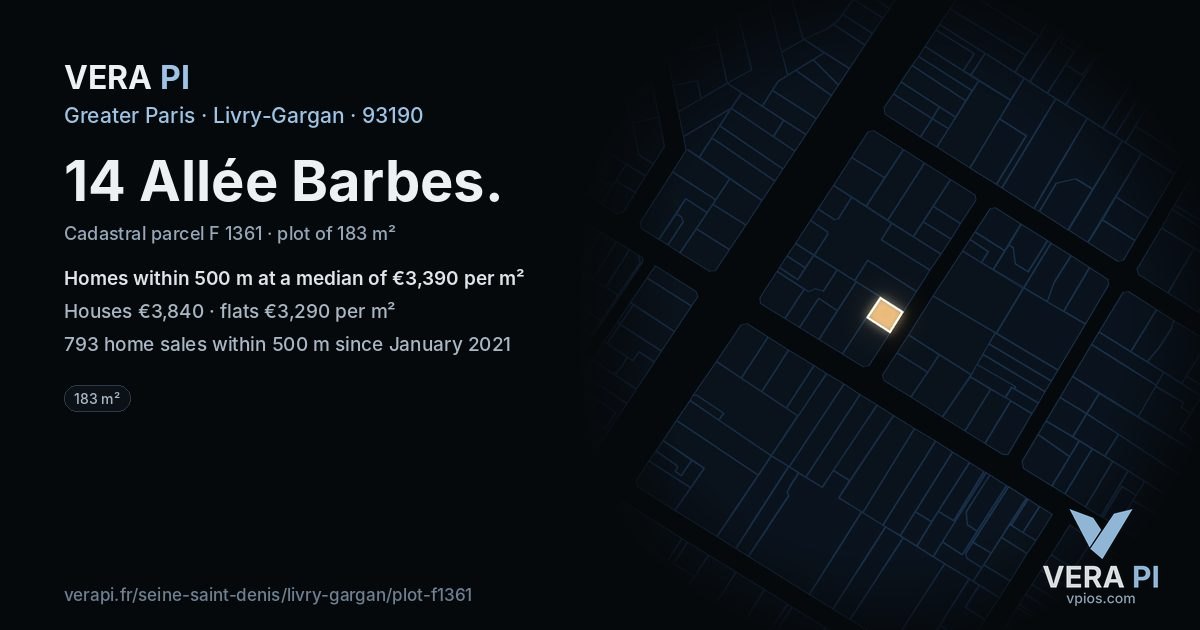 14 Allée Barbes, Livry-Gargan at night – the plot lit, the parcels around coloured by the prices near them