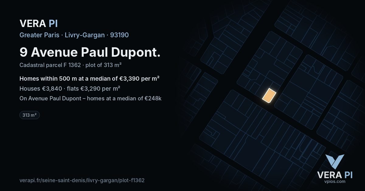 9 Avenue Paul Dupont, Livry-Gargan at night – the plot lit, the parcels around coloured by the prices near them