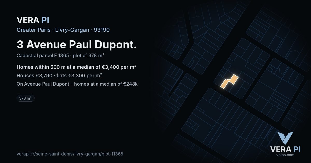 3 Avenue Paul Dupont, Livry-Gargan at night – the plot lit, the parcels around coloured by the prices near them