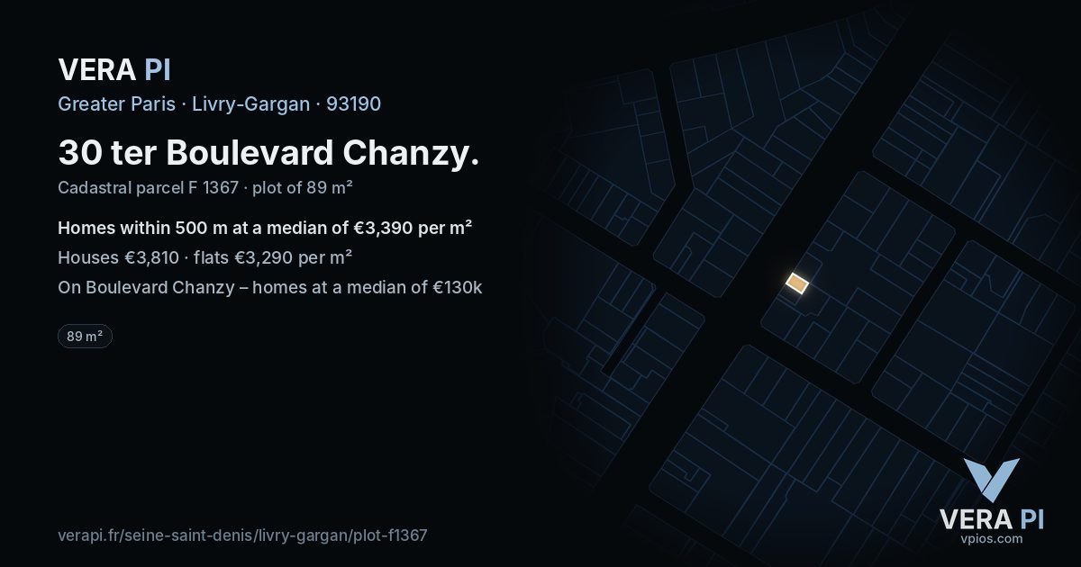 30 ter Boulevard Chanzy, Livry-Gargan at night – the plot lit, the parcels around coloured by the prices near them