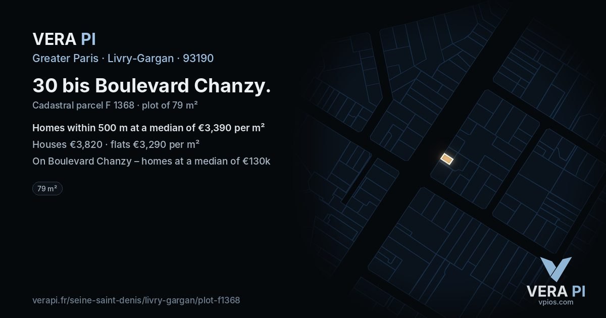 30 bis Boulevard Chanzy, Livry-Gargan at night – the plot lit, the parcels around coloured by the prices near them