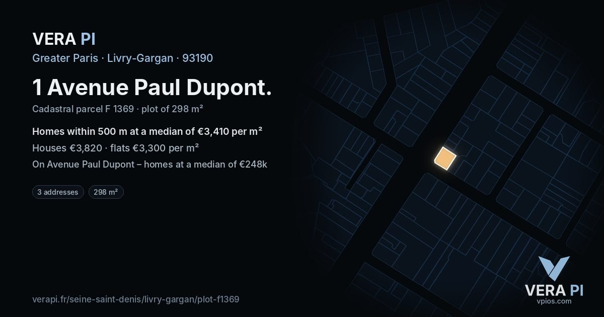 1 Avenue Paul Dupont, Livry-Gargan at night – the plot lit, the parcels around coloured by the prices near them