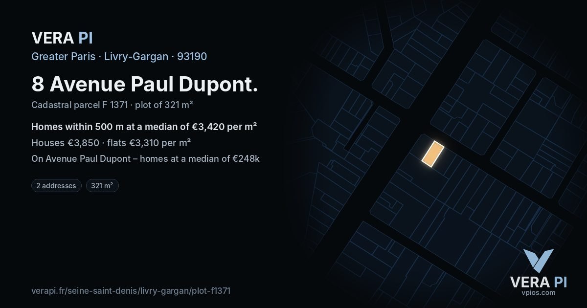 8 Avenue Paul Dupont, Livry-Gargan at night – the plot lit, the parcels around coloured by the prices near them