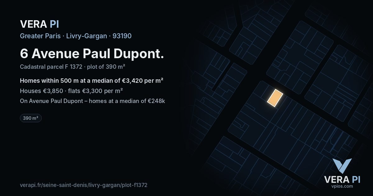 6 Avenue Paul Dupont, Livry-Gargan at night – the plot lit, the parcels around coloured by the prices near them