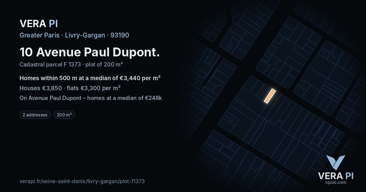 10 Avenue Paul Dupont, Livry-Gargan at night – the plot lit, the parcels around coloured by the prices near them