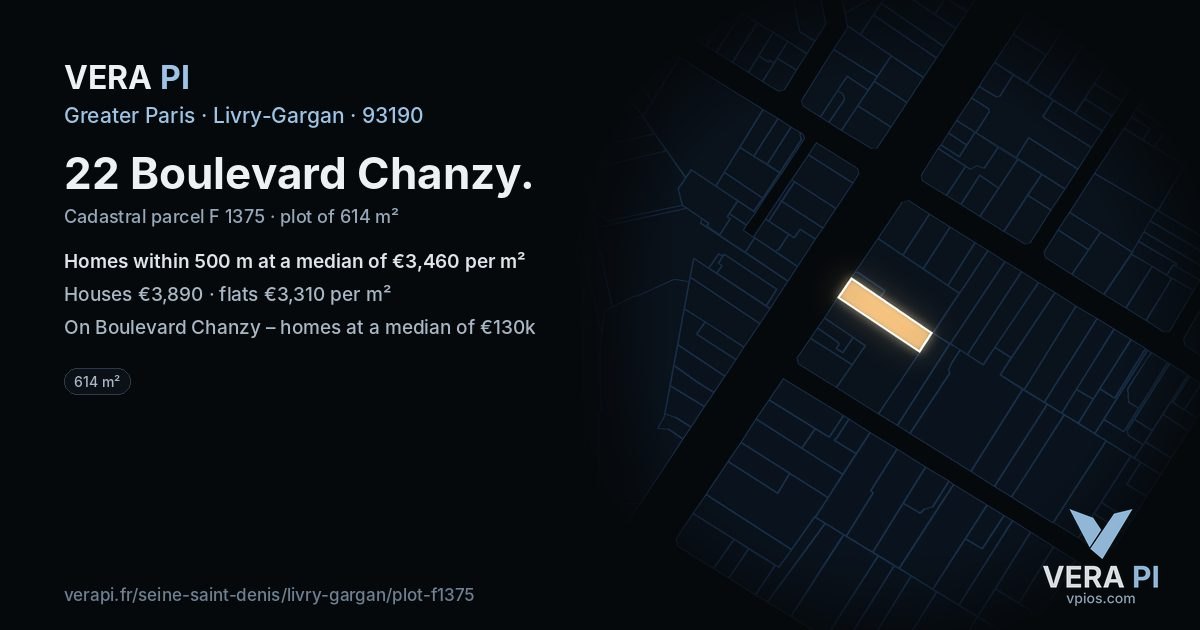 22 Boulevard Chanzy, Livry-Gargan at night – the plot lit, the parcels around coloured by the prices near them