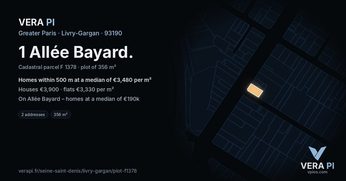 1 Allée Bayard, Livry-Gargan at night – the plot lit, the parcels around coloured by the prices near them