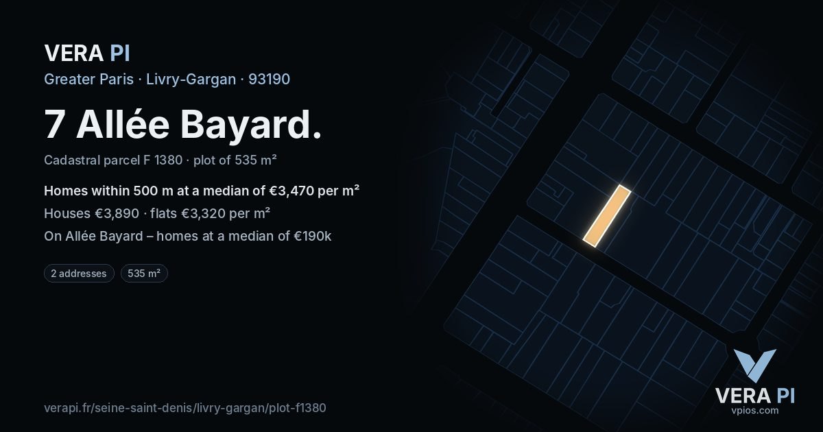 7 Allée Bayard, Livry-Gargan at night – the plot lit, the parcels around coloured by the prices near them