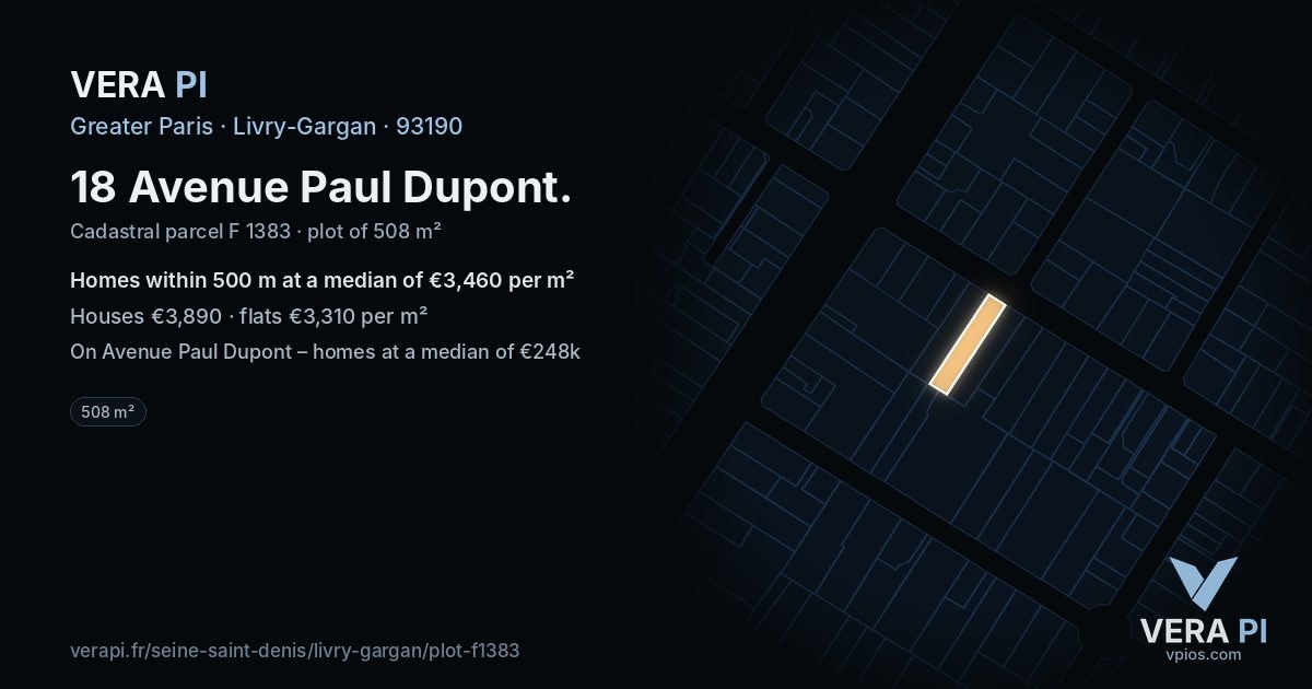 18 Avenue Paul Dupont, Livry-Gargan at night – the plot lit, the parcels around coloured by the prices near them