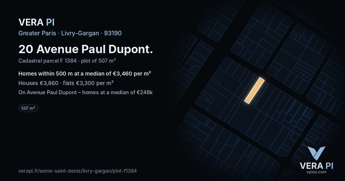 20 Avenue Paul Dupont, Livry-Gargan at night – the plot lit, the parcels around coloured by the prices near them