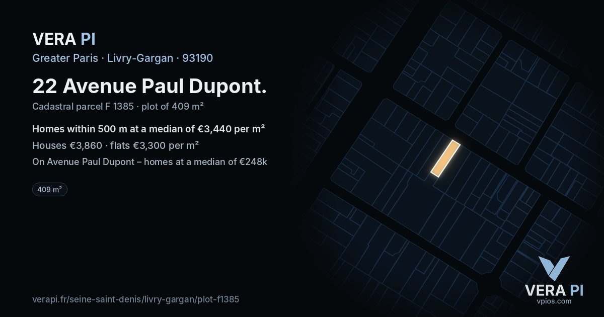 22 Avenue Paul Dupont, Livry-Gargan at night – the plot lit, the parcels around coloured by the prices near them
