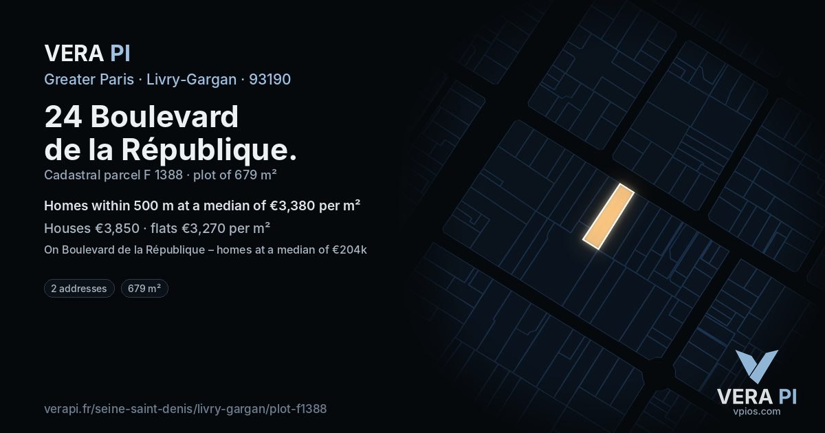 24 Boulevard de la République, Livry-Gargan at night – the plot lit, the parcels around coloured by the prices near them