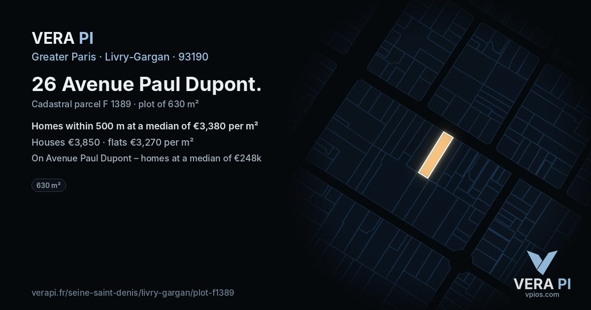 26 Avenue Paul Dupont, Livry-Gargan at night – the plot lit, the parcels around coloured by the prices near them