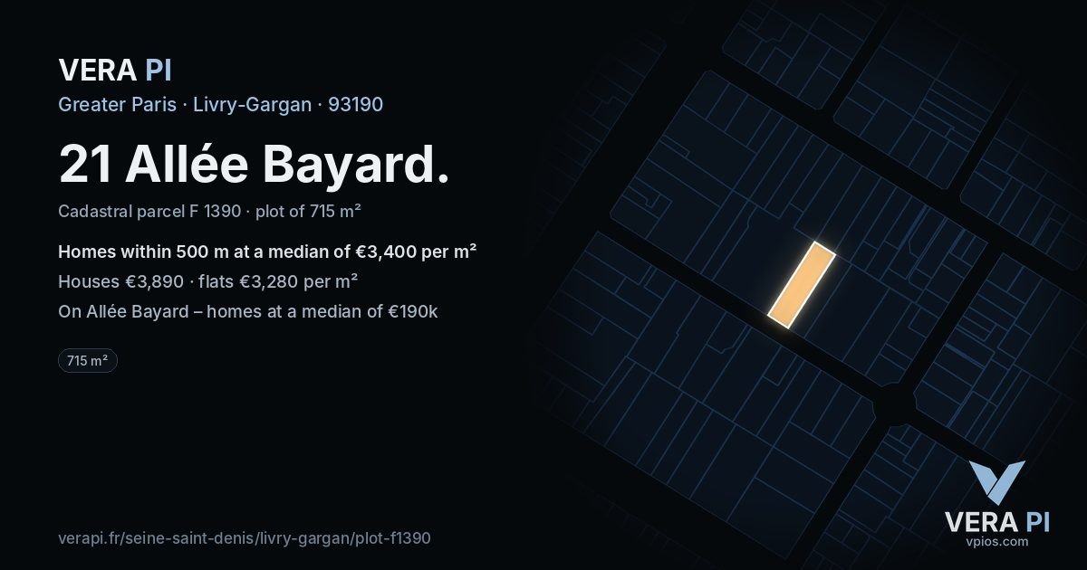 21 Allée Bayard, Livry-Gargan at night – the plot lit, the parcels around coloured by the prices near them