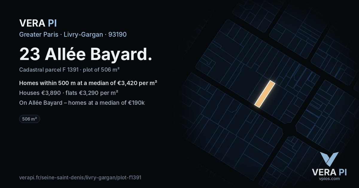 23 Allée Bayard, Livry-Gargan at night – the plot lit, the parcels around coloured by the prices near them