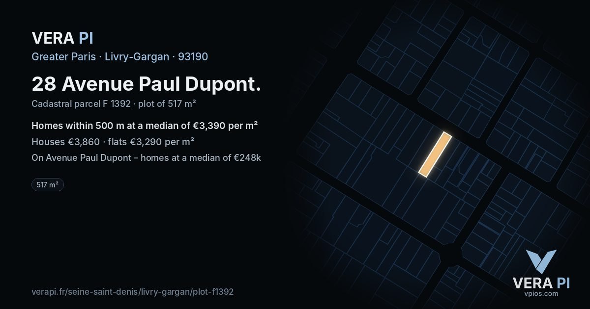 28 Avenue Paul Dupont, Livry-Gargan at night – the plot lit, the parcels around coloured by the prices near them