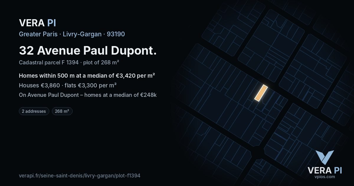 32 Avenue Paul Dupont, Livry-Gargan at night – the plot lit, the parcels around coloured by the prices near them