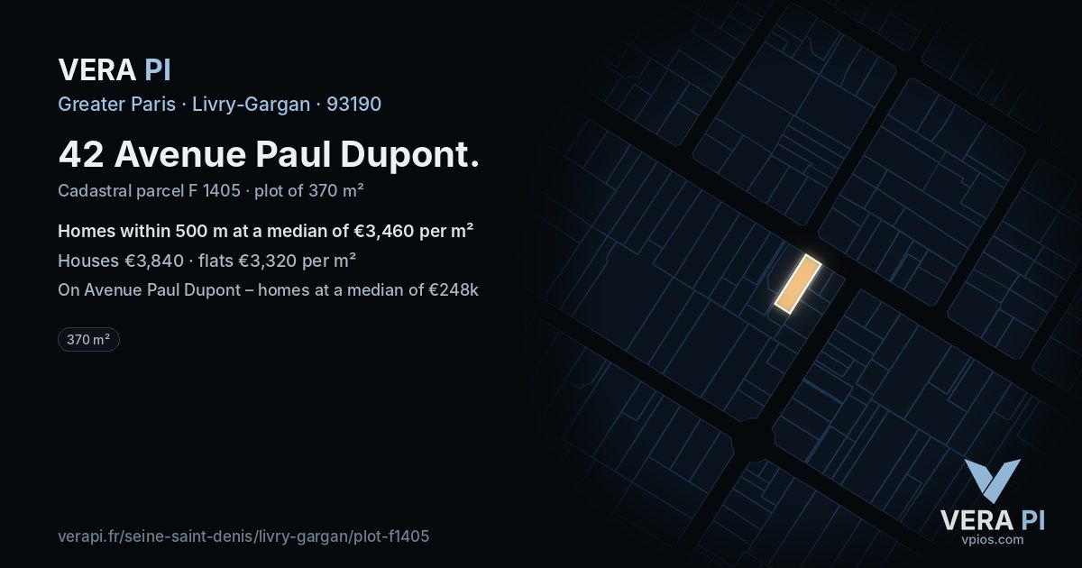 42 Avenue Paul Dupont, Livry-Gargan at night – the plot lit, the parcels around coloured by the prices near them