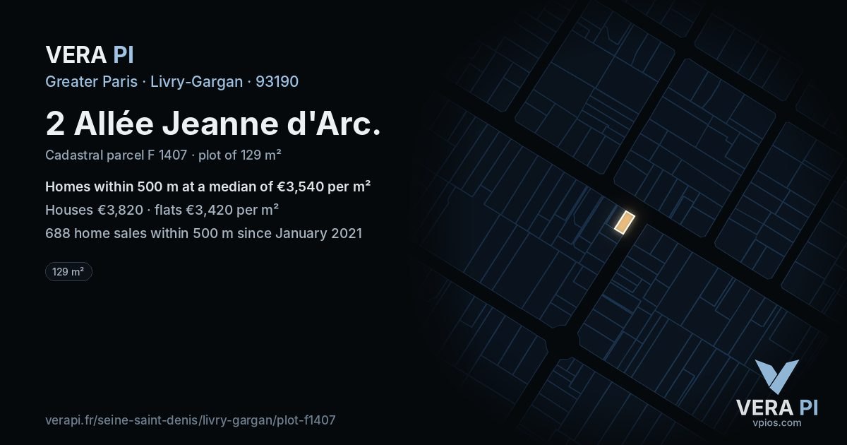 2 Allée Jeanne d'Arc, Livry-Gargan at night – the plot lit, the parcels around coloured by the prices near them