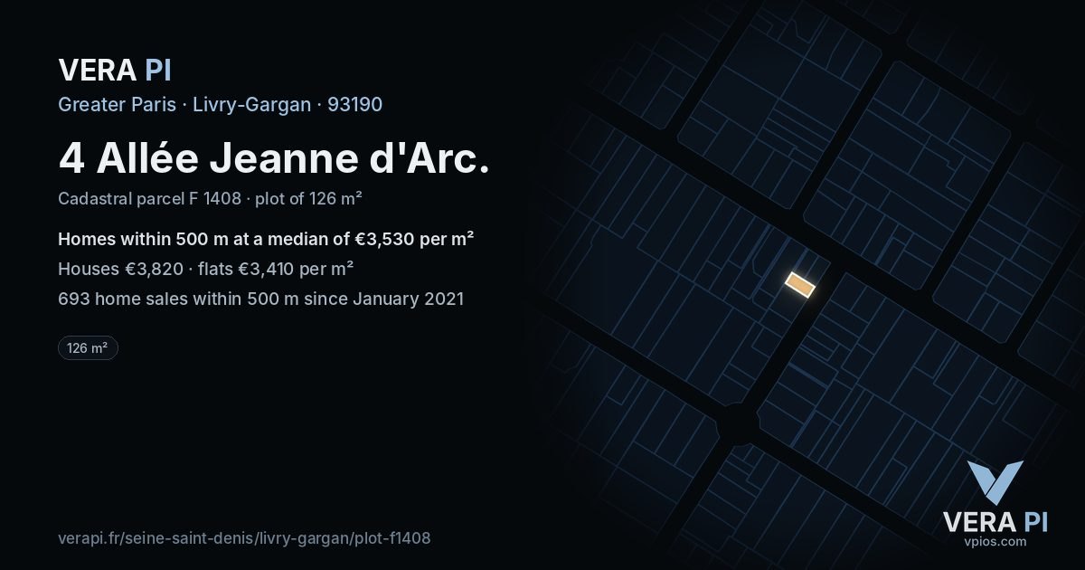 4 Allée Jeanne d'Arc, Livry-Gargan at night – the plot lit, the parcels around coloured by the prices near them