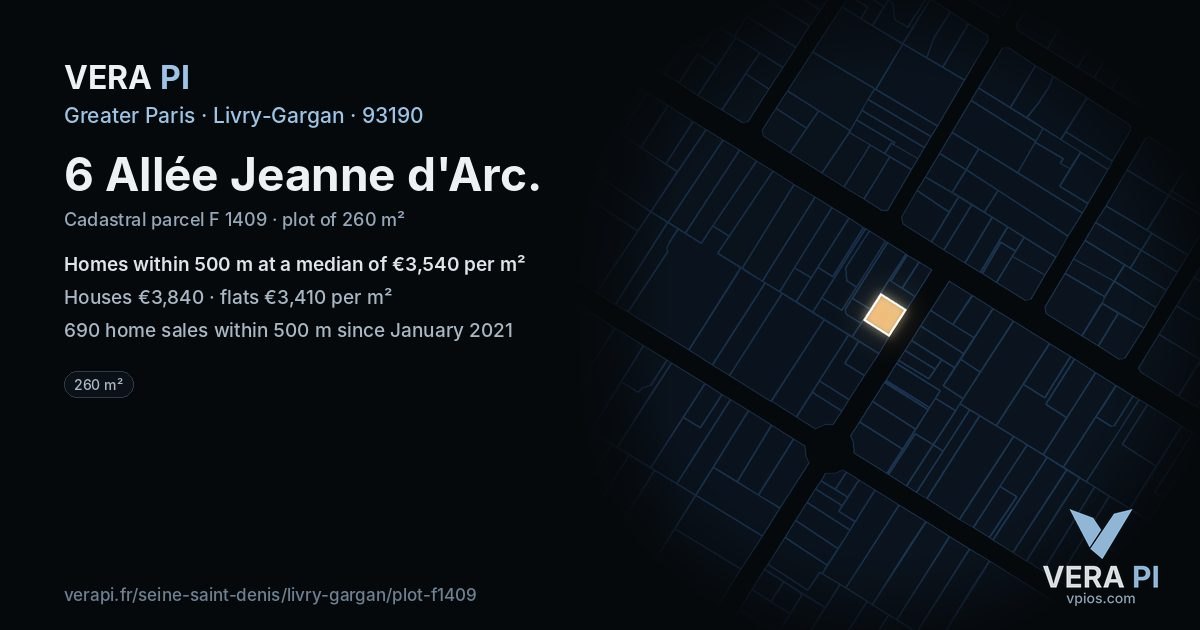 6 Allée Jeanne d'Arc, Livry-Gargan at night – the plot lit, the parcels around coloured by the prices near them