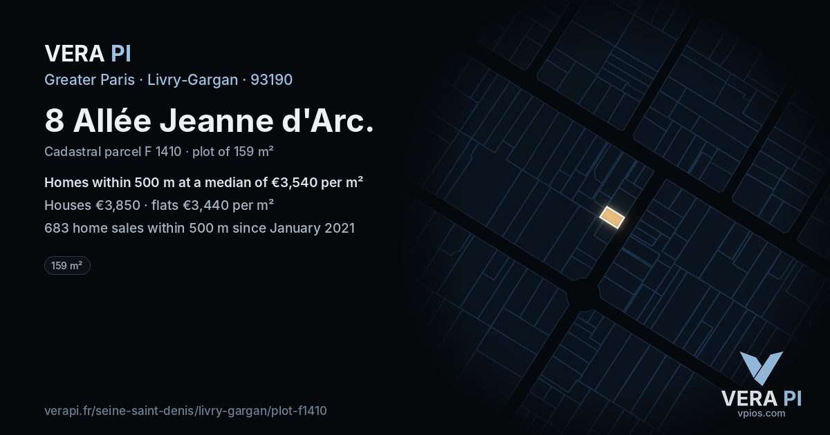 8 Allée Jeanne d'Arc, Livry-Gargan at night – the plot lit, the parcels around coloured by the prices near them