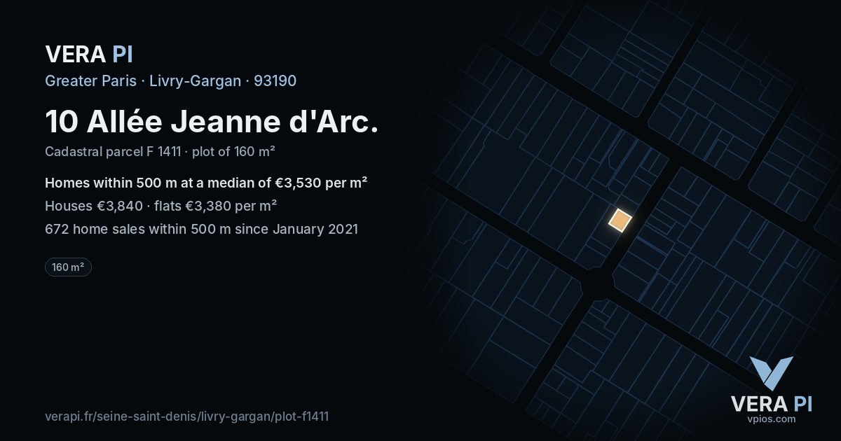 10 Allée Jeanne d'Arc, Livry-Gargan at night – the plot lit, the parcels around coloured by the prices near them