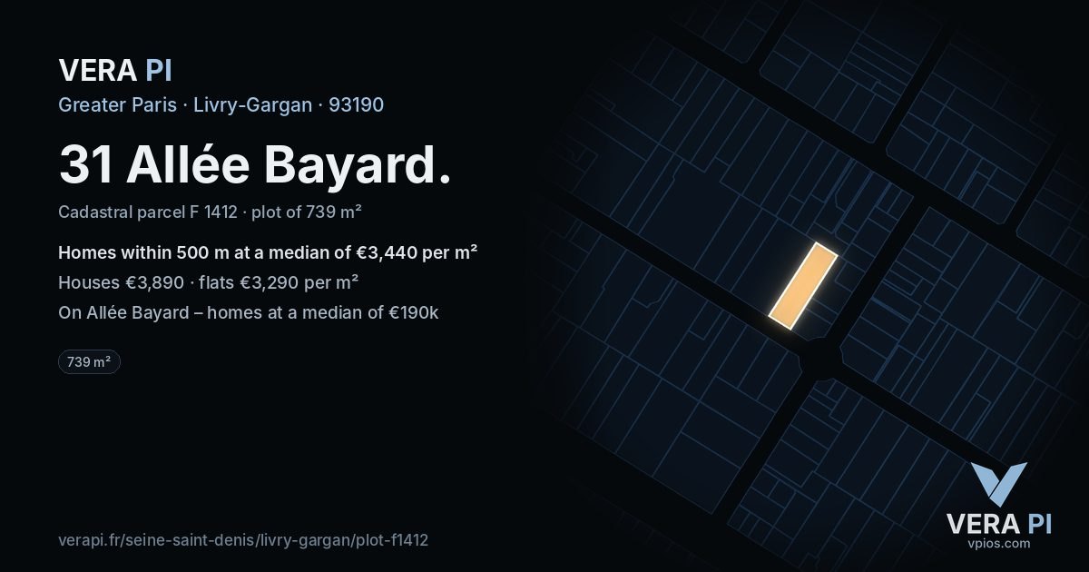 31 Allée Bayard, Livry-Gargan at night – the plot lit, the parcels around coloured by the prices near them