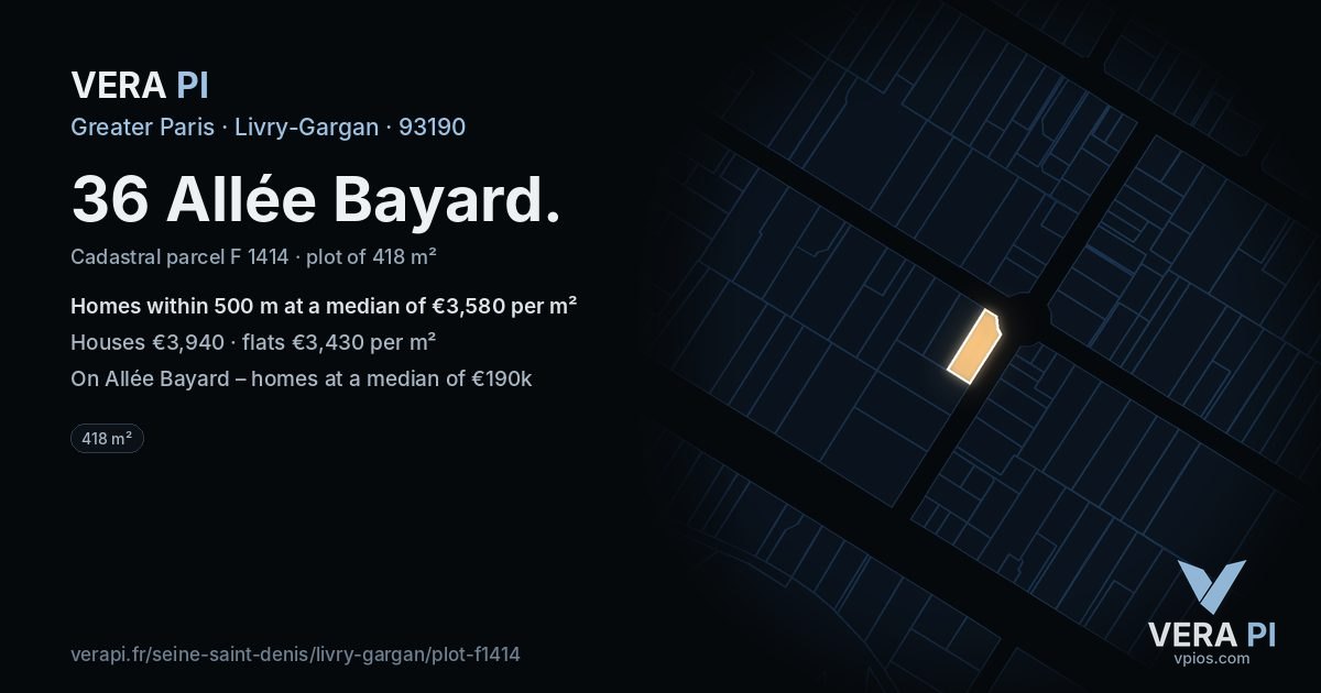 36 Allée Bayard, Livry-Gargan at night – the plot lit, the parcels around coloured by the prices near them