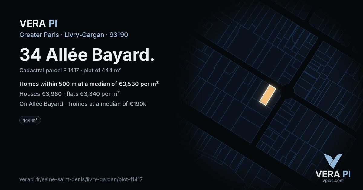 34 Allée Bayard, Livry-Gargan at night – the plot lit, the parcels around coloured by the prices near them