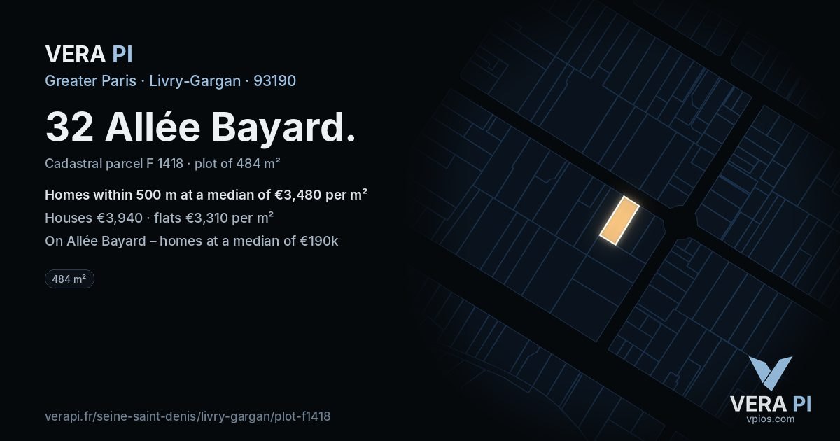 32 Allée Bayard, Livry-Gargan at night – the plot lit, the parcels around coloured by the prices near them