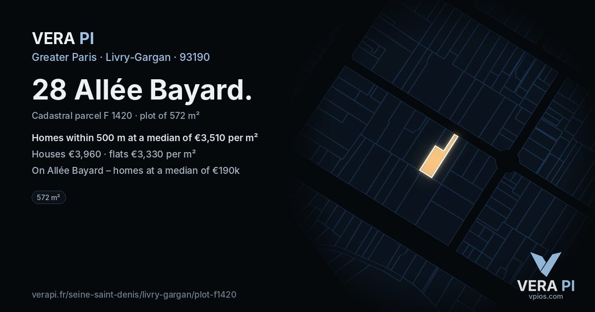 28 Allée Bayard, Livry-Gargan at night – the plot lit, the parcels around coloured by the prices near them