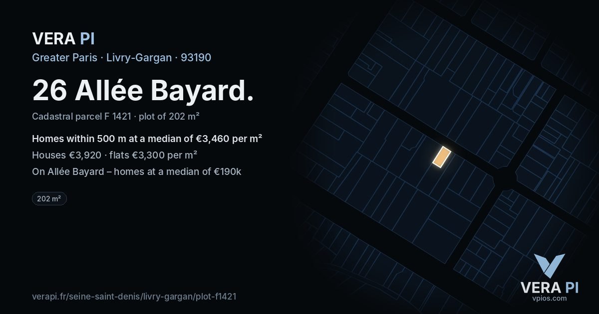 26 Allée Bayard, Livry-Gargan at night – the plot lit, the parcels around coloured by the prices near them