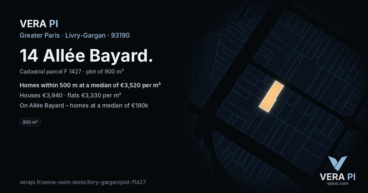 14 Allée Bayard, Livry-Gargan at night – the plot lit, the parcels around coloured by the prices near them