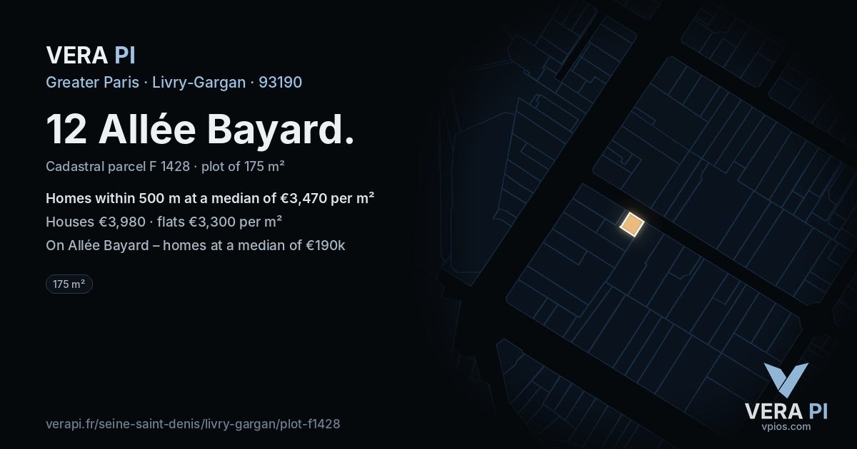 12 Allée Bayard, Livry-Gargan at night – the plot lit, the parcels around coloured by the prices near them
