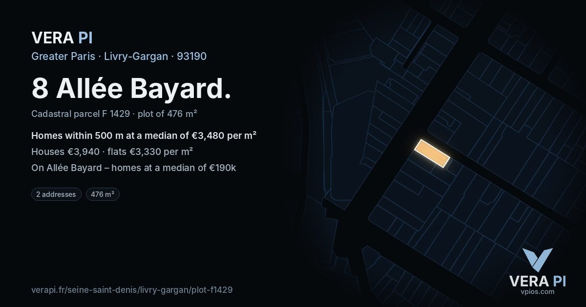8 Allée Bayard, Livry-Gargan at night – the plot lit, the parcels around coloured by the prices near them