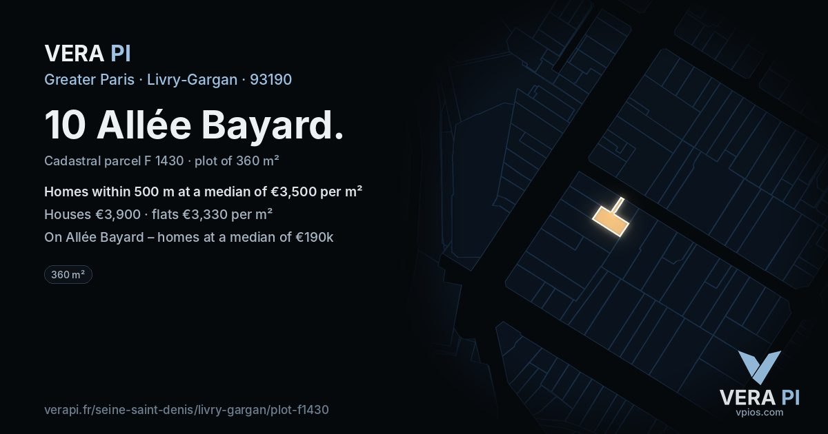 10 Allée Bayard, Livry-Gargan at night – the plot lit, the parcels around coloured by the prices near them