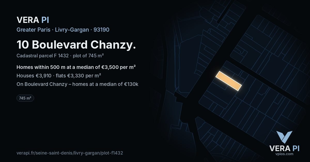 10 Boulevard Chanzy, Livry-Gargan at night – the plot lit, the parcels around coloured by the prices near them