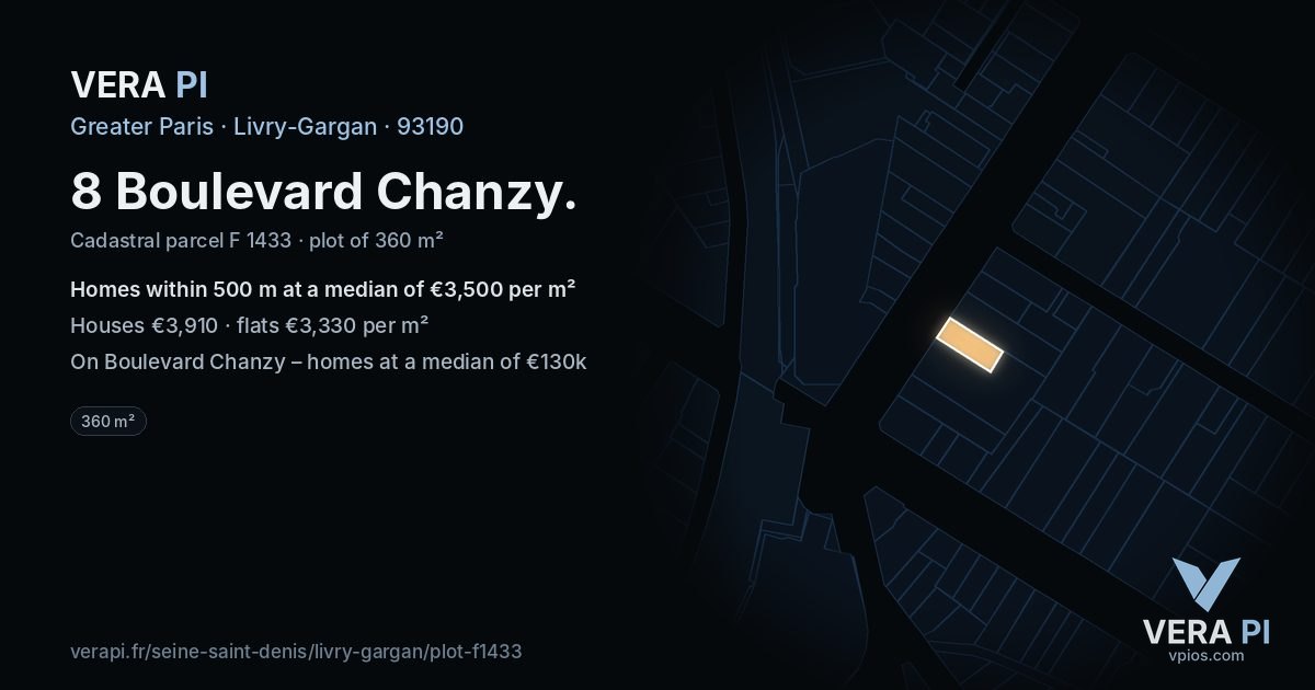 8 Boulevard Chanzy, Livry-Gargan at night – the plot lit, the parcels around coloured by the prices near them