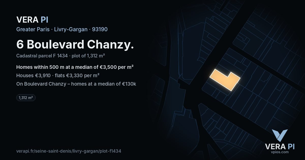6 Boulevard Chanzy, Livry-Gargan at night – the plot lit, the parcels around coloured by the prices near them