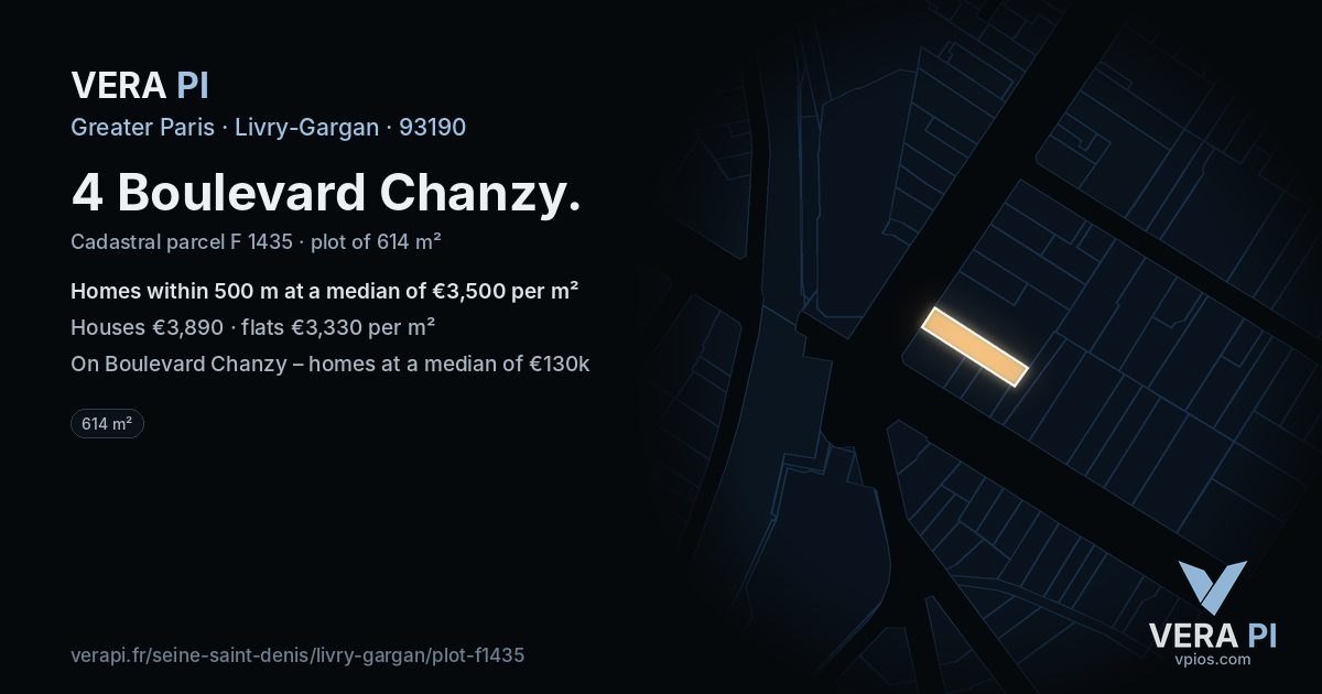 4 Boulevard Chanzy, Livry-Gargan at night – the plot lit, the parcels around coloured by the prices near them