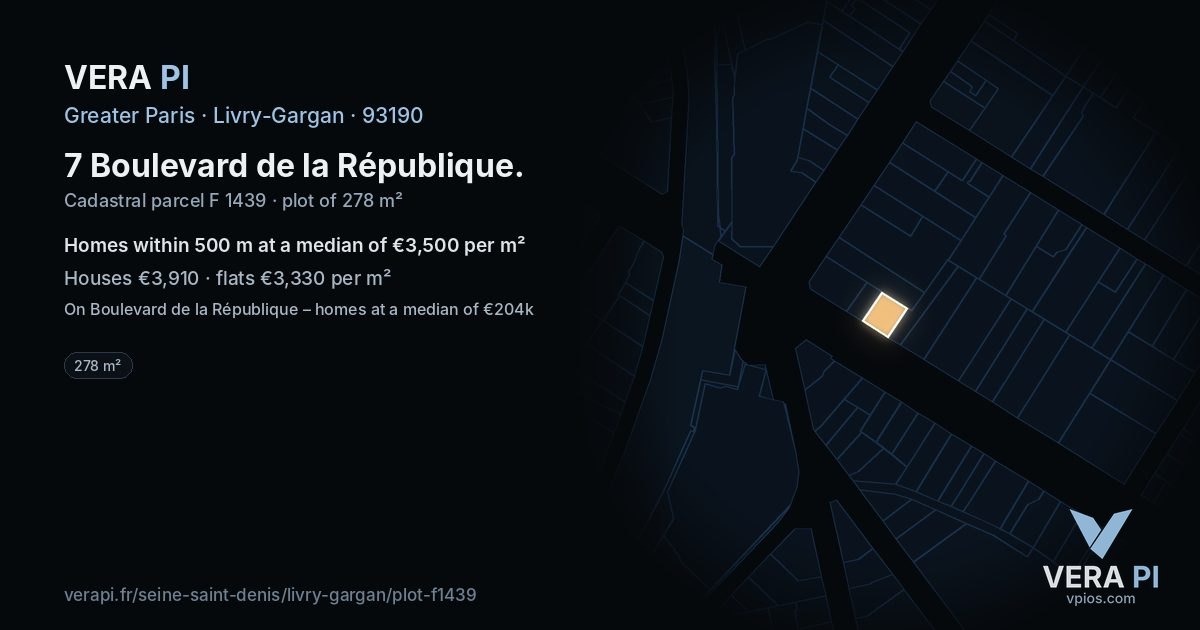 7 Boulevard de la République, Livry-Gargan at night – the plot lit, the parcels around coloured by the prices near them