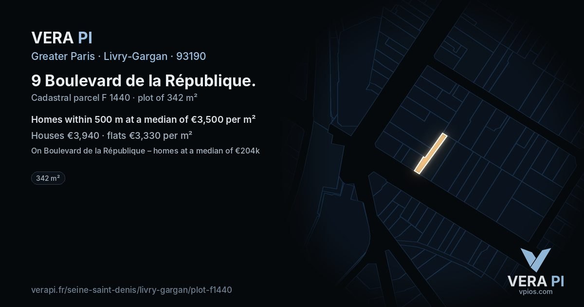 9 Boulevard de la République, Livry-Gargan at night – the plot lit, the parcels around coloured by the prices near them