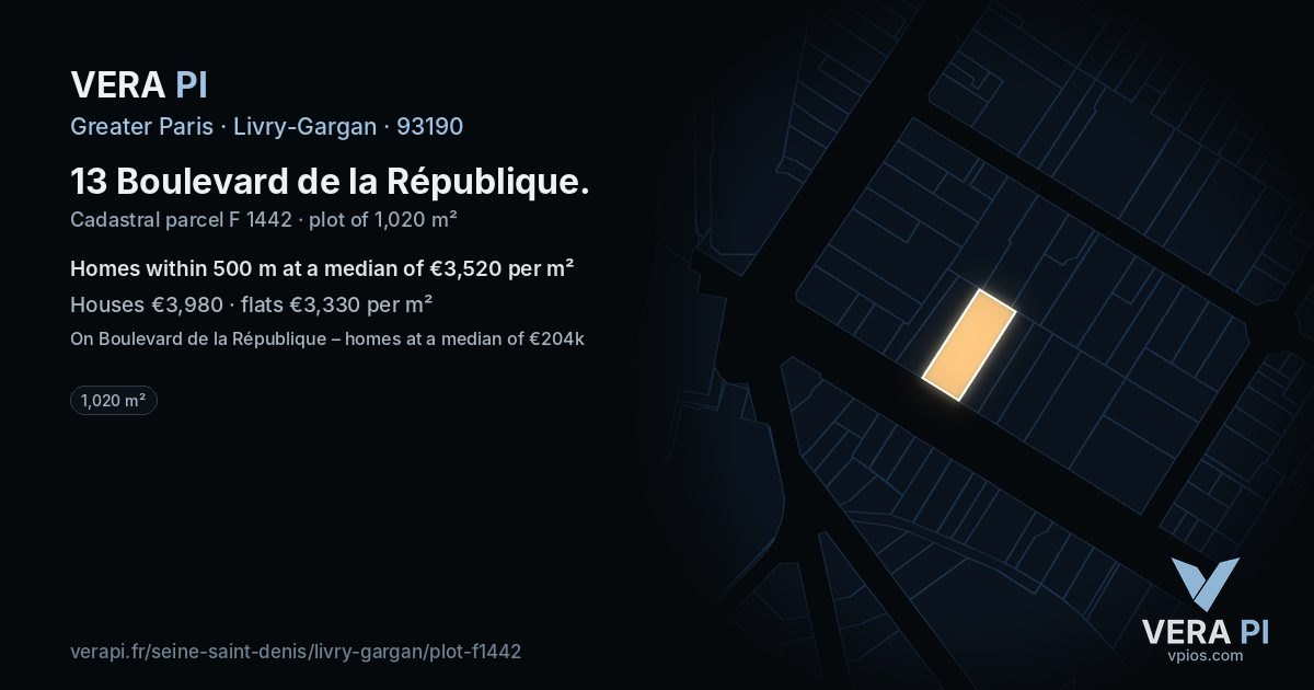 13 Boulevard de la République, Livry-Gargan at night – the plot lit, the parcels around coloured by the prices near them