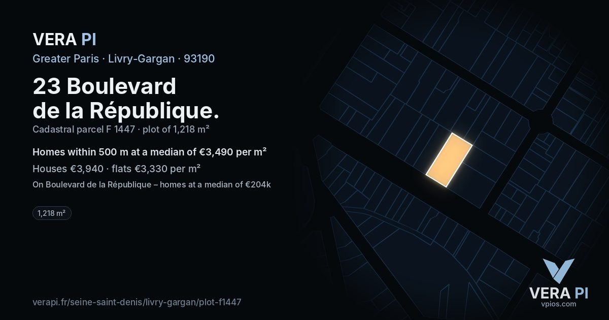 23 Boulevard de la République, Livry-Gargan at night – the plot lit, the parcels around coloured by the prices near them