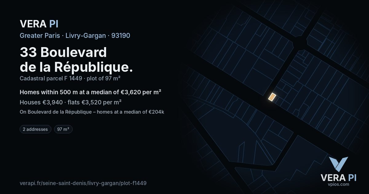 33 Boulevard de la République, Livry-Gargan at night – the plot lit, the parcels around coloured by the prices near them