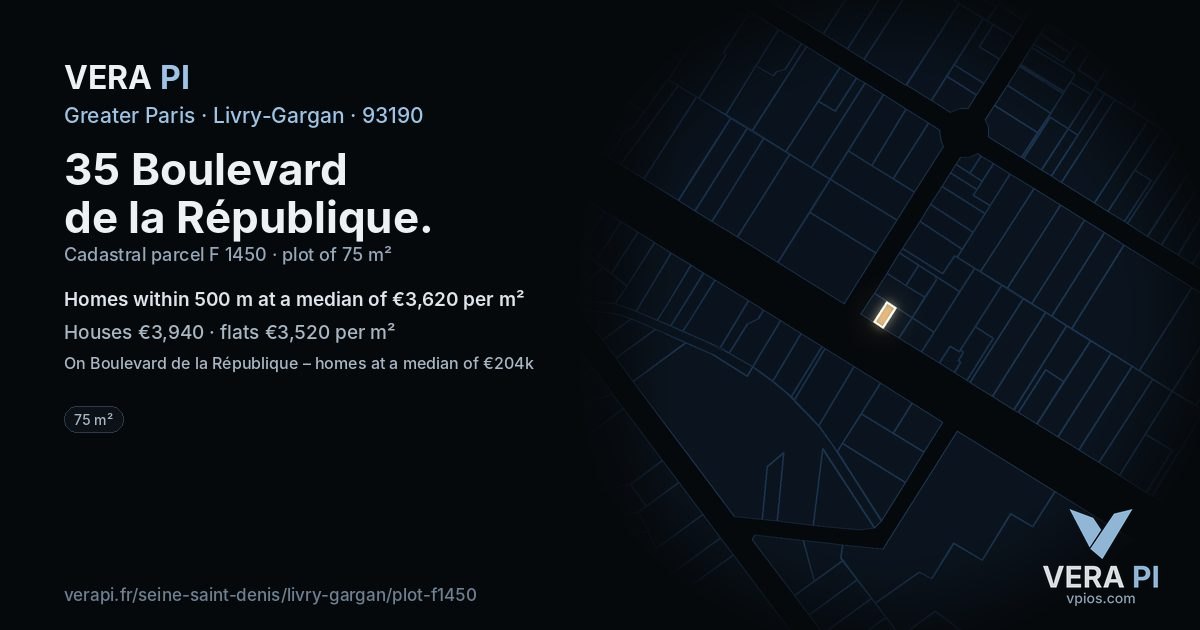 35 Boulevard de la République, Livry-Gargan at night – the plot lit, the parcels around coloured by the prices near them