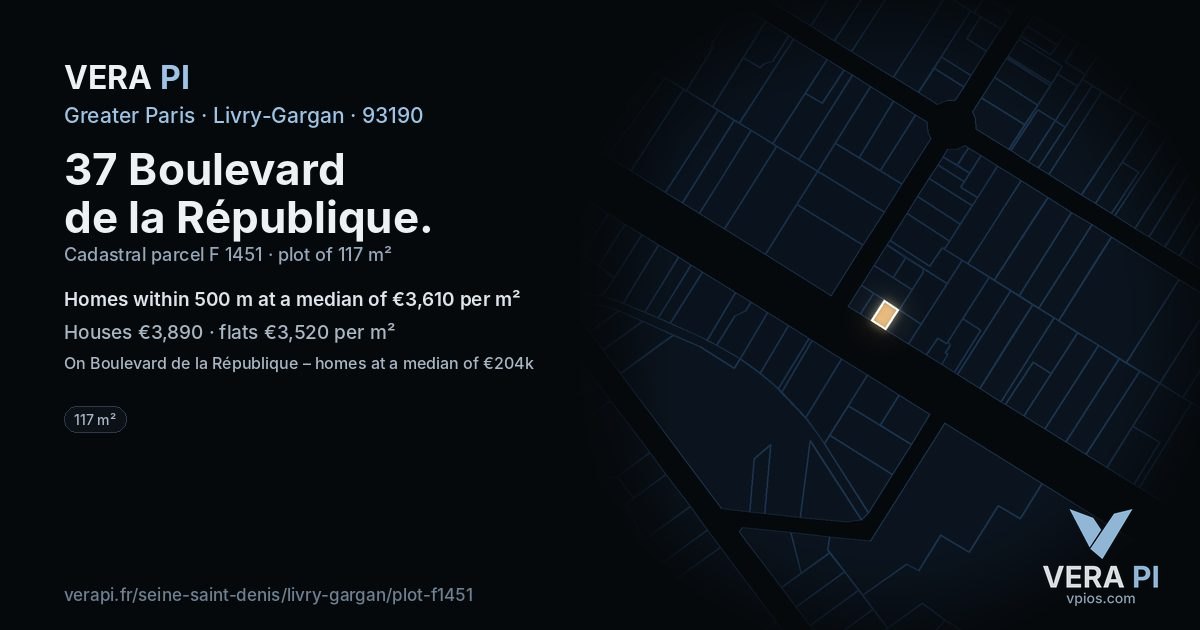 37 Boulevard de la République, Livry-Gargan at night – the plot lit, the parcels around coloured by the prices near them