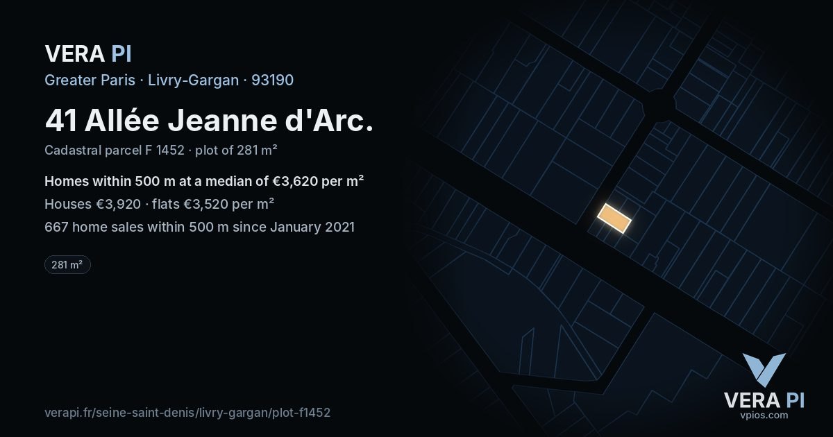 41 Allée Jeanne d'Arc, Livry-Gargan at night – the plot lit, the parcels around coloured by the prices near them